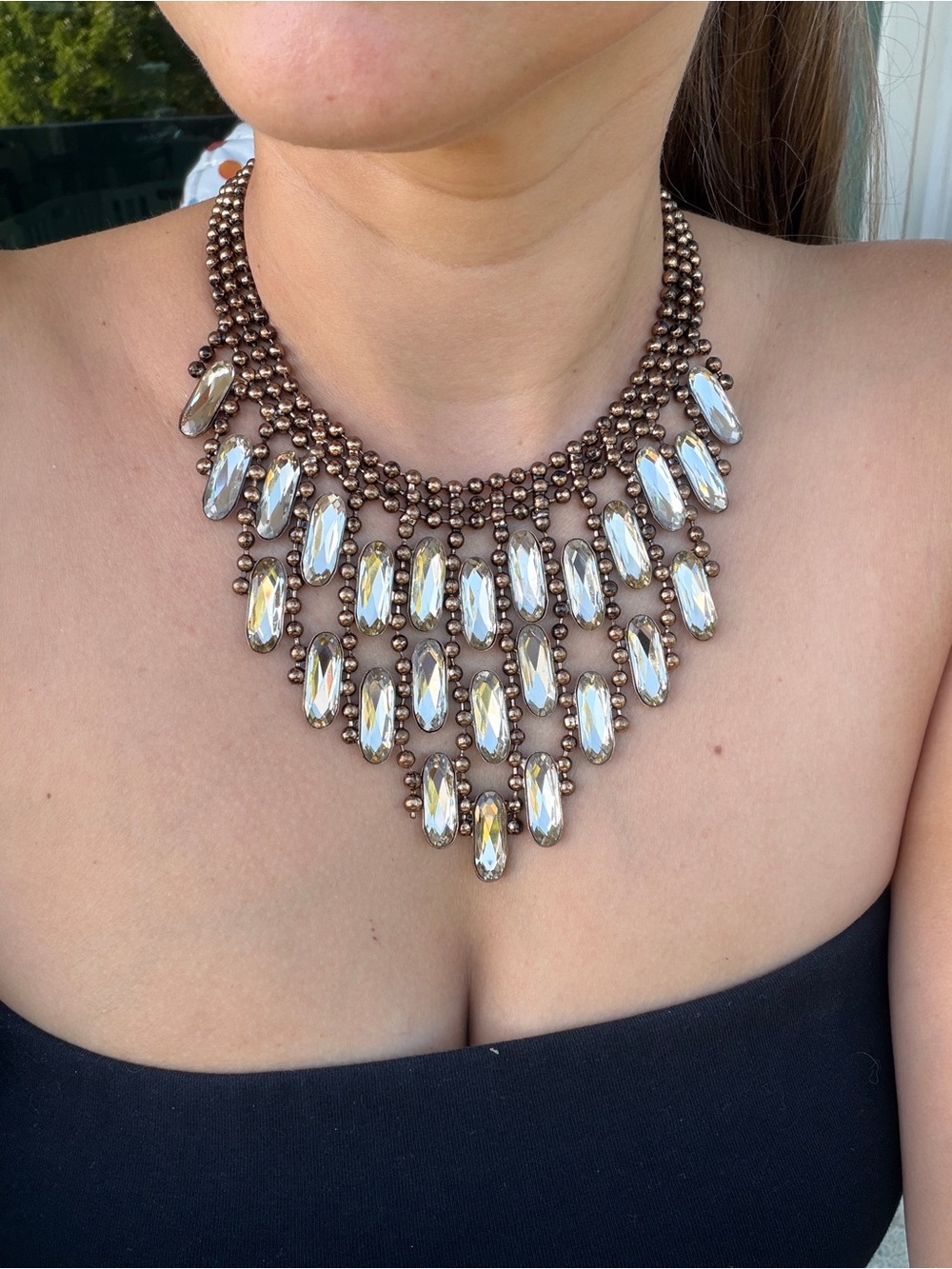 Smoky Cristal Statement Gold and Brown Beaded Bib Necklace reversible use